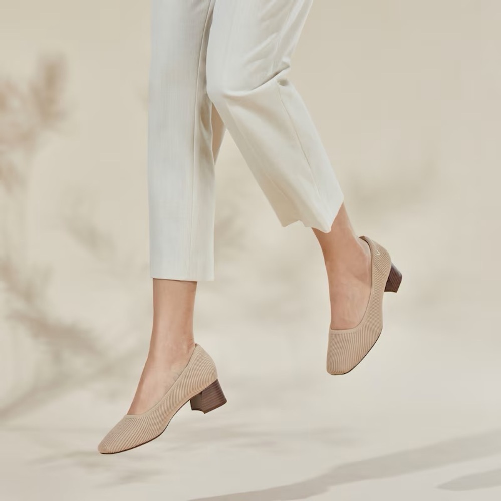 Neutral Knit Low Block Heel Pumps - Beige
